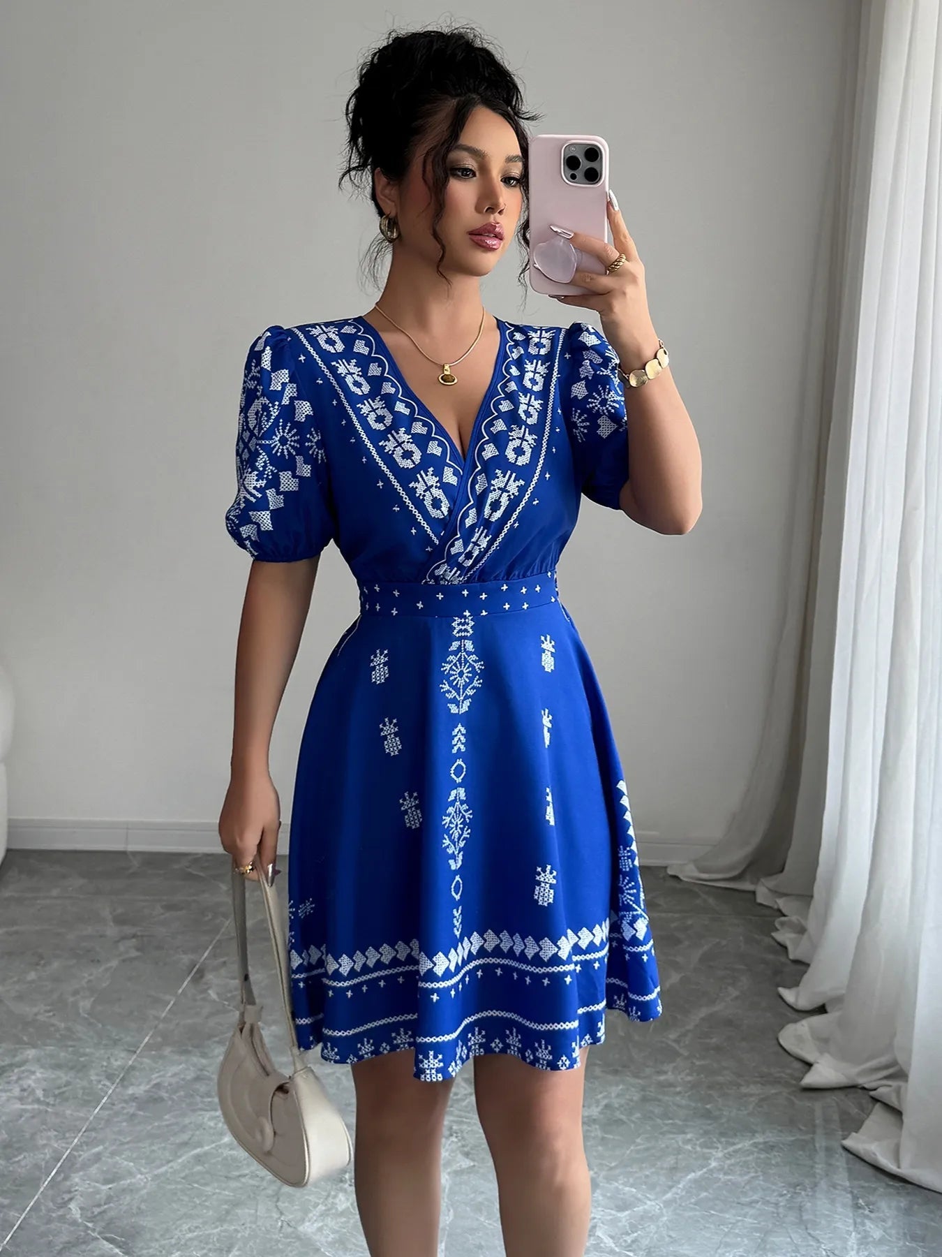 Printed Surplice Puff Sleeve Mini Dress - Flip Flop Dynasty