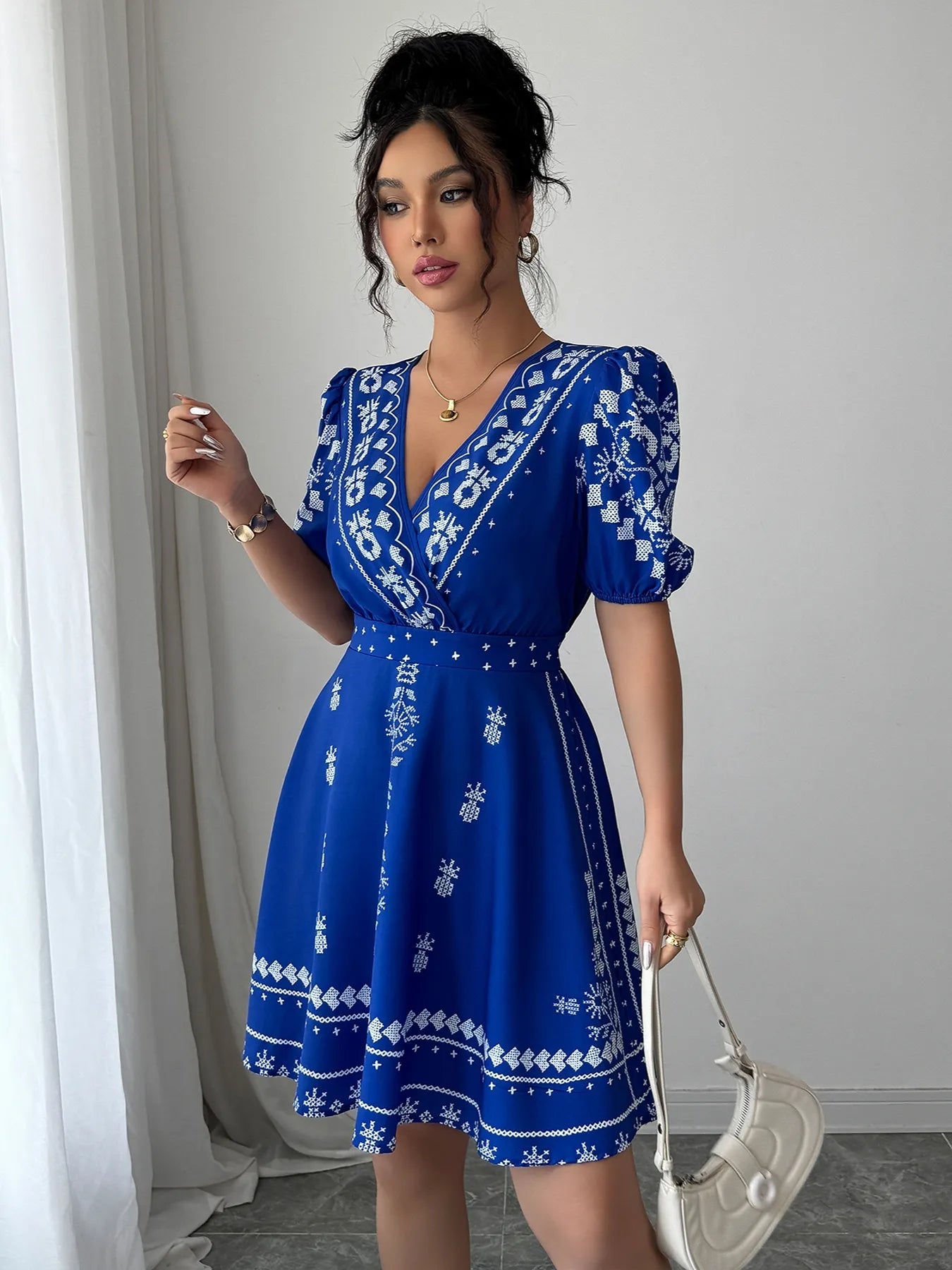 Printed Surplice Puff Sleeve Mini Dress - Flip Flop Dynasty