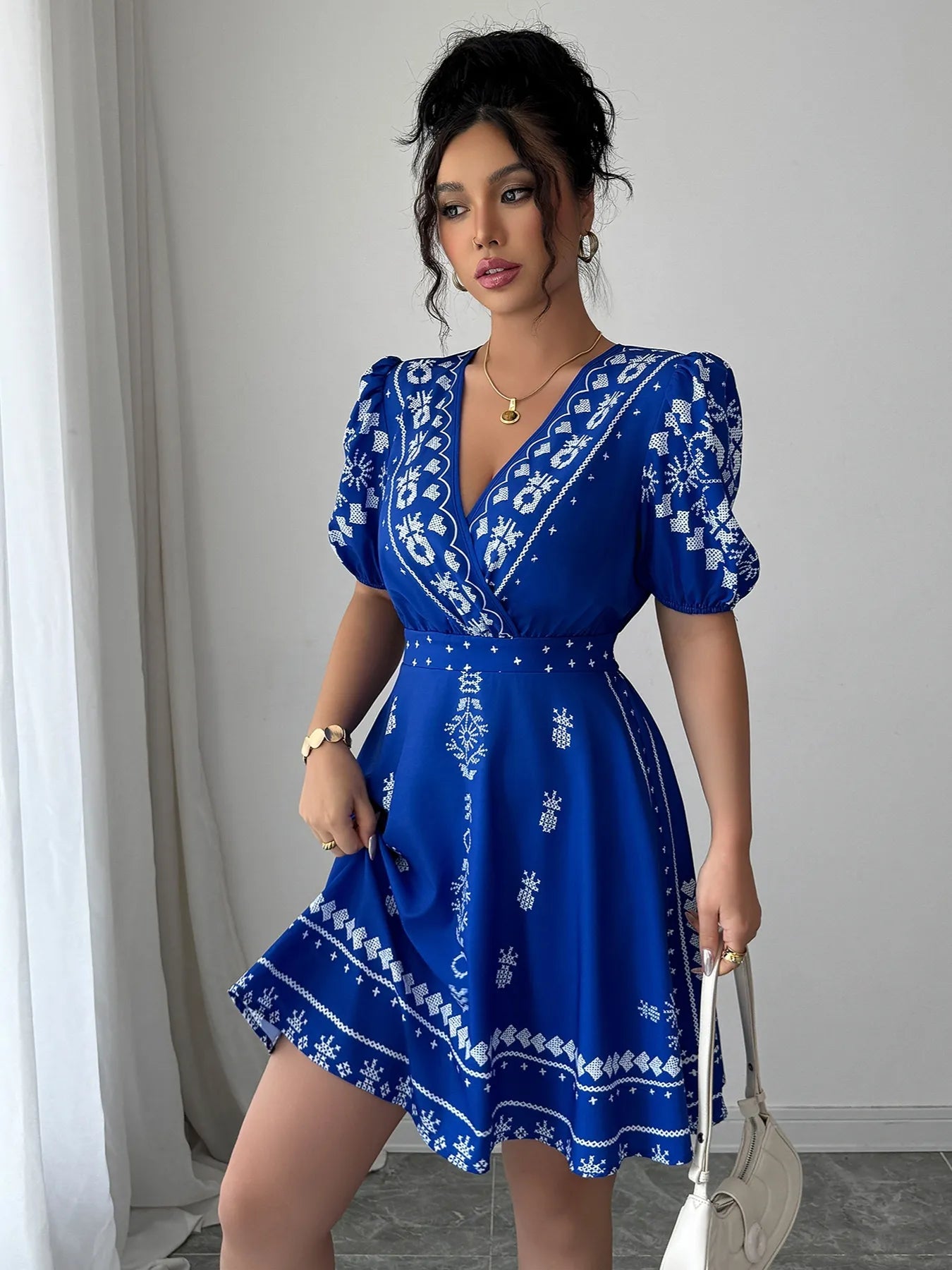 Printed Surplice Puff Sleeve Mini Dress - Flip Flop Dynasty