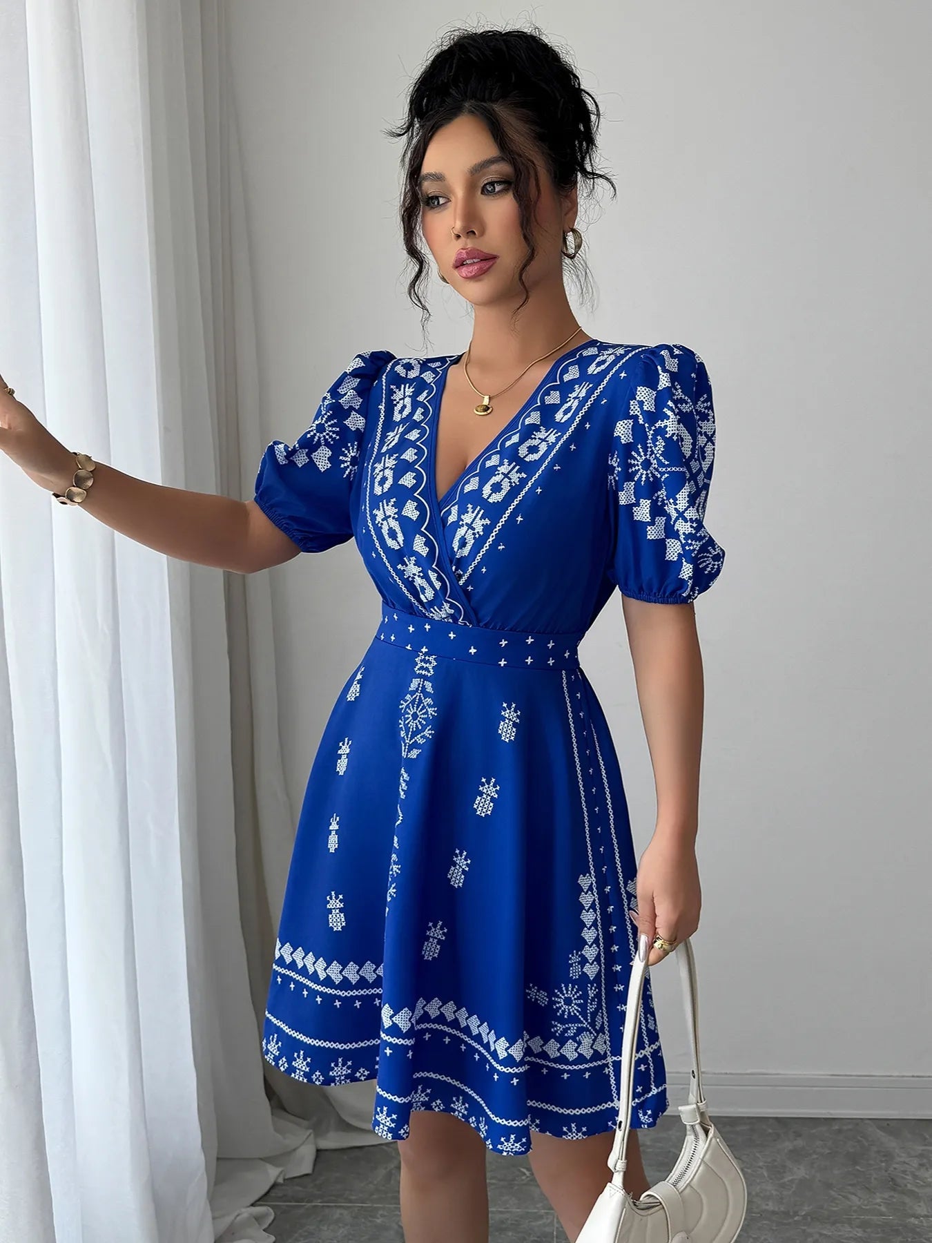 Printed Surplice Puff Sleeve Mini Dress - Flip Flop Dynasty