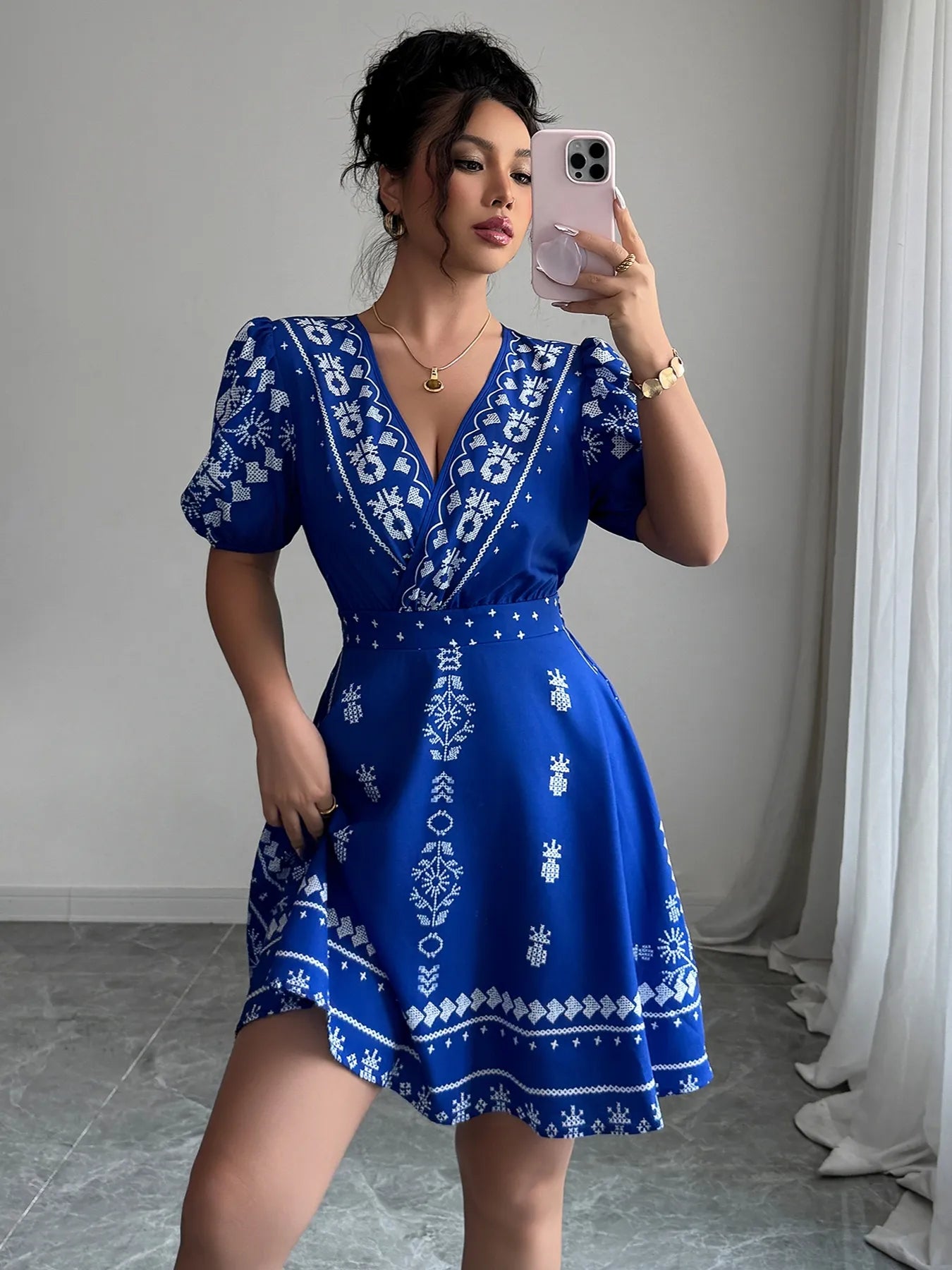 Printed Surplice Puff Sleeve Mini Dress - Flip Flop Dynasty