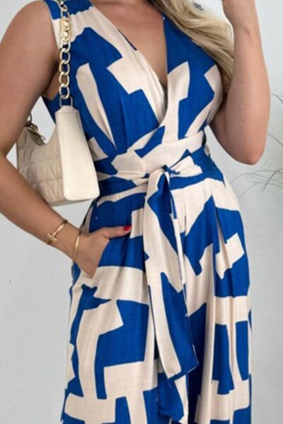 Printed Surplice Sleeveless Tie Waist Jumpsuit - Flip Flop Dynasty