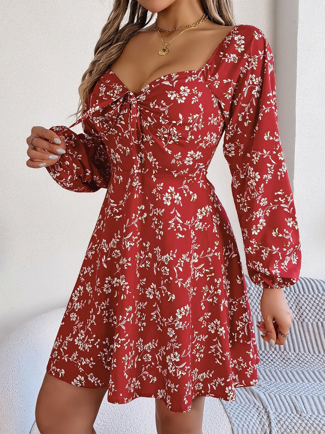 Printed Sweetheart Neck Balloon Sleeve Mini Dress - Flip Flop Dynasty