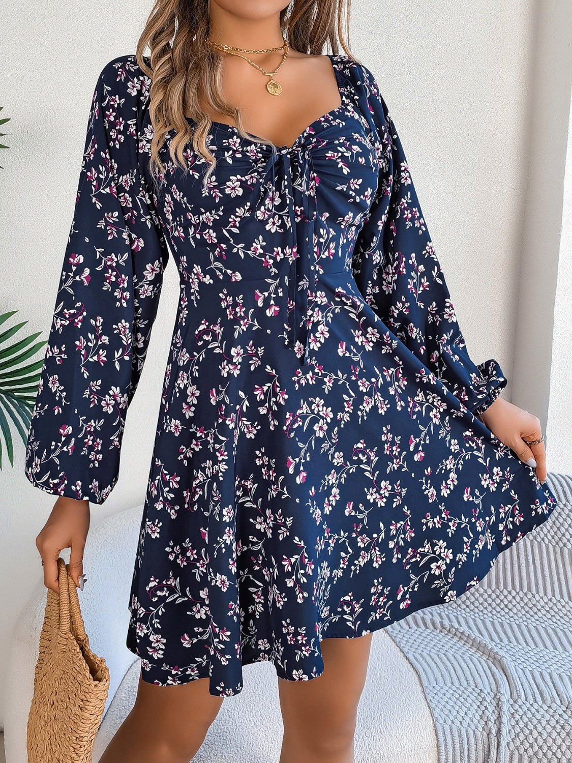 Printed Sweetheart Neck Balloon Sleeve Mini Dress - Flip Flop Dynasty