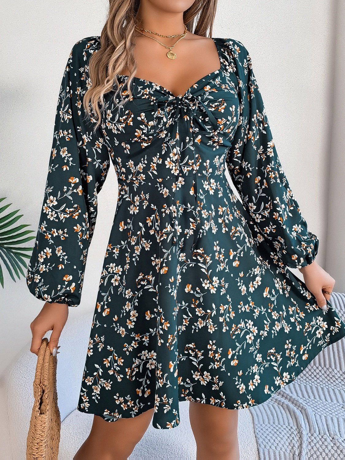 Printed Sweetheart Neck Balloon Sleeve Mini Dress - Flip Flop Dynasty