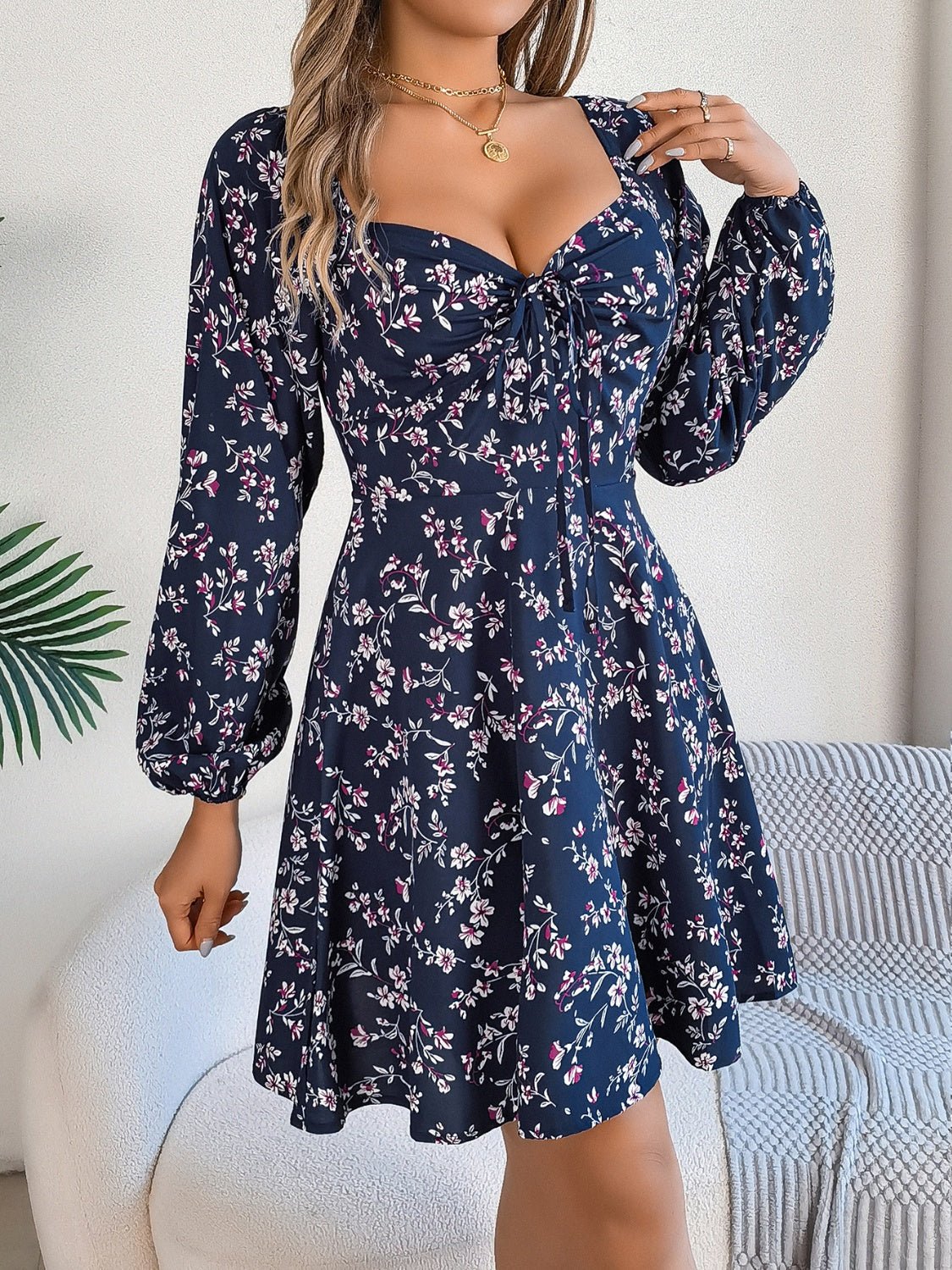 Printed Sweetheart Neck Balloon Sleeve Mini Dress - Flip Flop Dynasty
