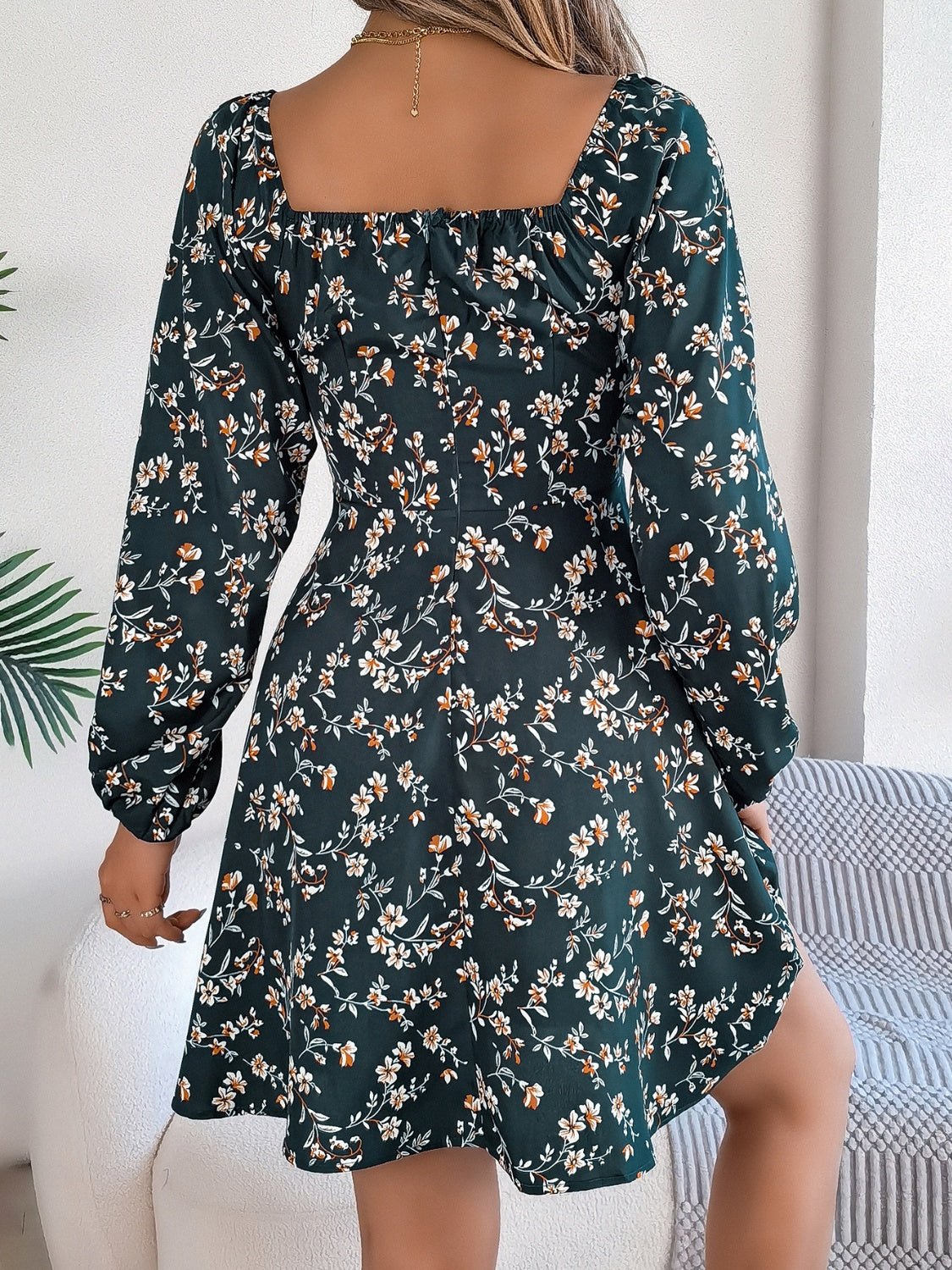 Printed Sweetheart Neck Balloon Sleeve Mini Dress - Flip Flop Dynasty