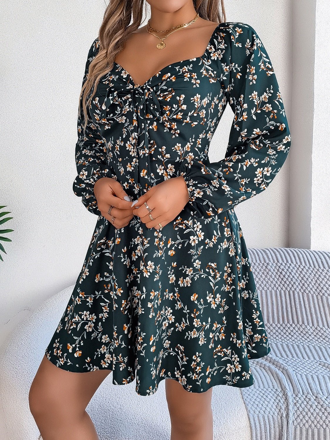 Printed Sweetheart Neck Balloon Sleeve Mini Dress - Flip Flop Dynasty
