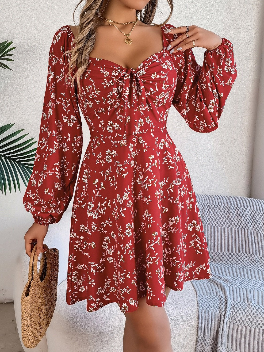 Printed Sweetheart Neck Balloon Sleeve Mini Dress - Flip Flop Dynasty