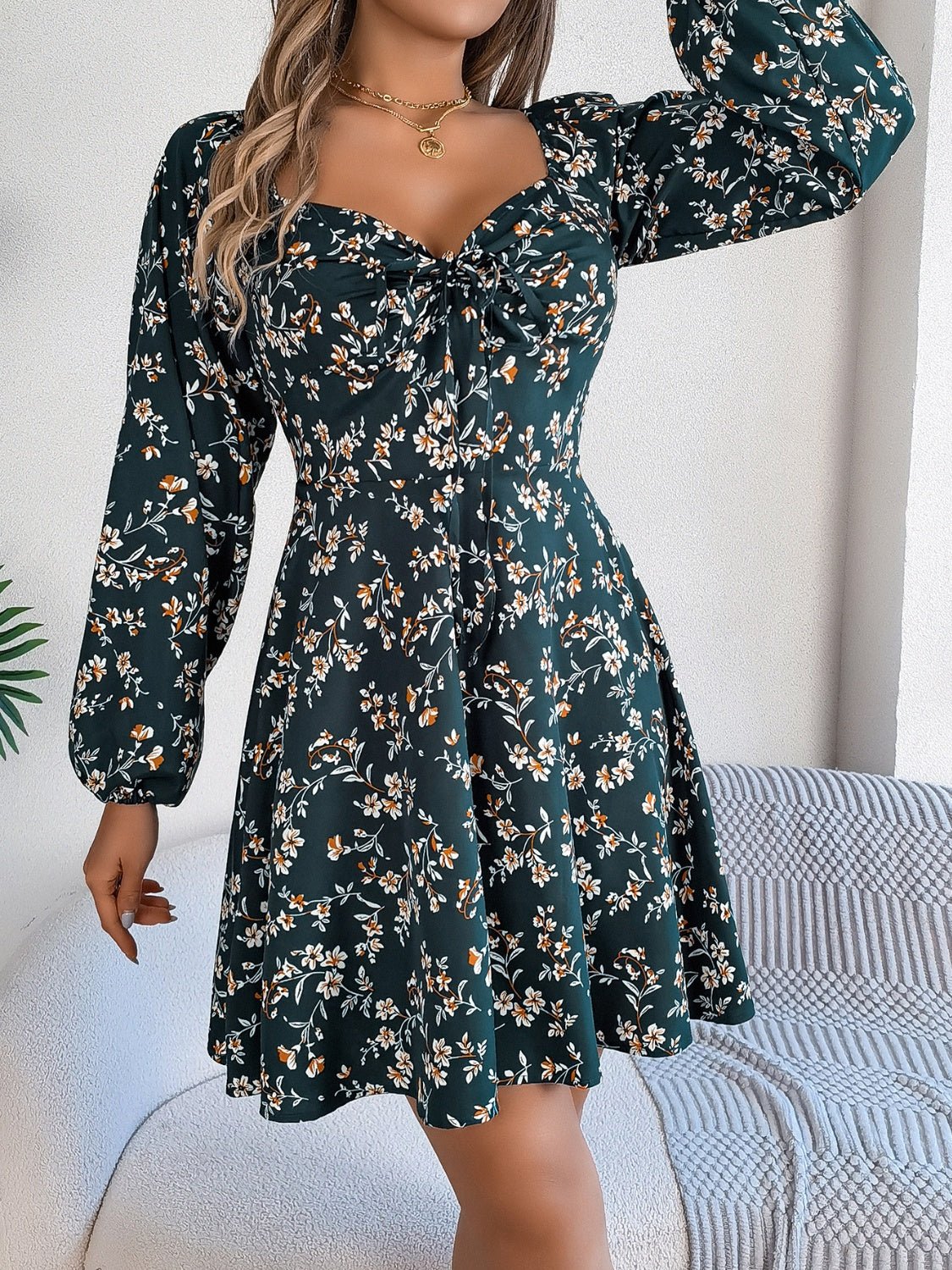 Printed Sweetheart Neck Balloon Sleeve Mini Dress - Flip Flop Dynasty