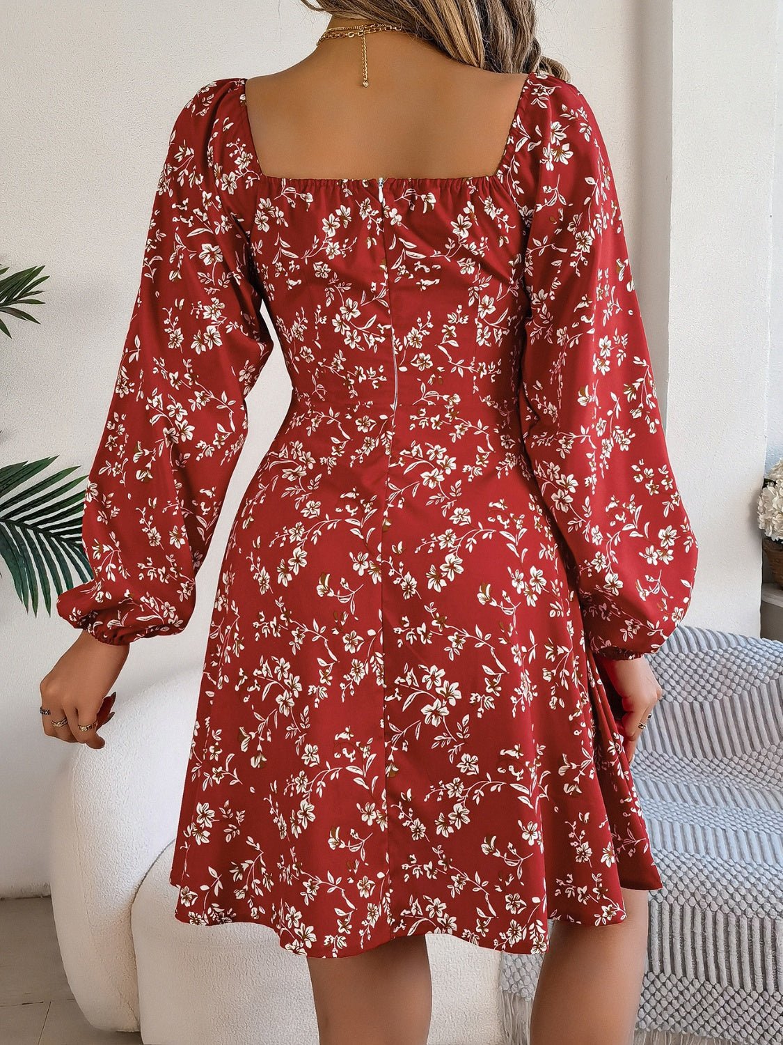 Printed Sweetheart Neck Balloon Sleeve Mini Dress - Flip Flop Dynasty