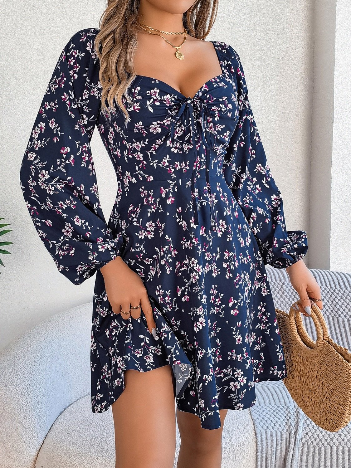Printed Sweetheart Neck Balloon Sleeve Mini Dress - Flip Flop Dynasty