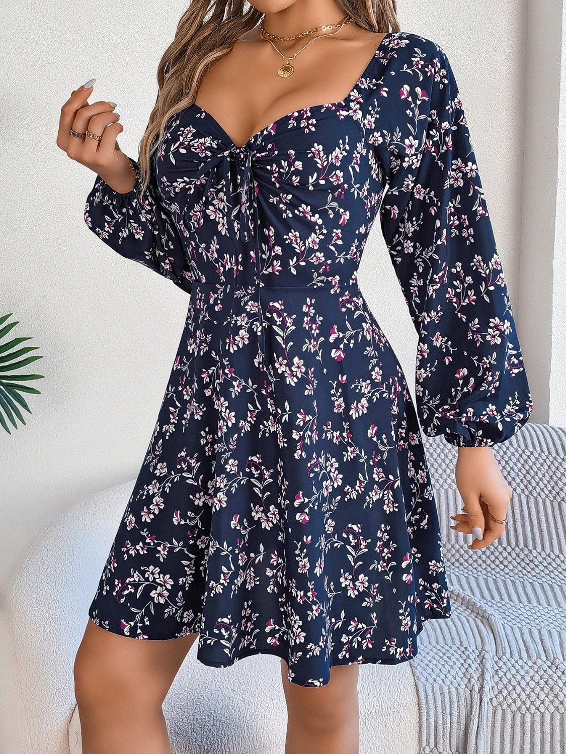 Printed Sweetheart Neck Balloon Sleeve Mini Dress - Flip Flop Dynasty