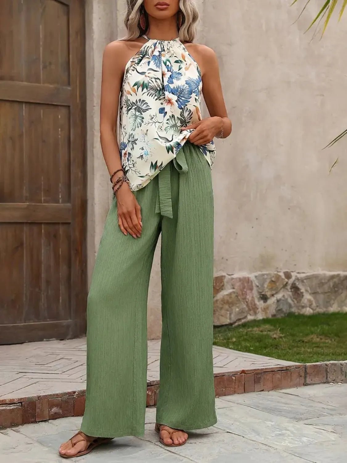 Printed Tank Top and Wide Leg Pants Set - Flip Flop Dynasty