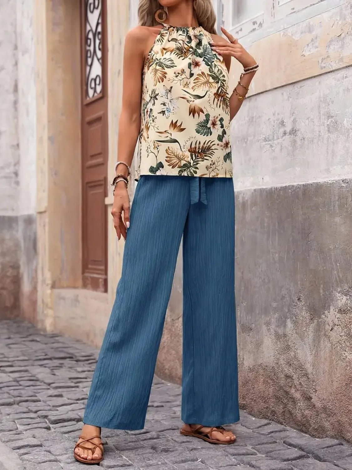 Printed Tank Top and Wide Leg Pants Set - Flip Flop Dynasty