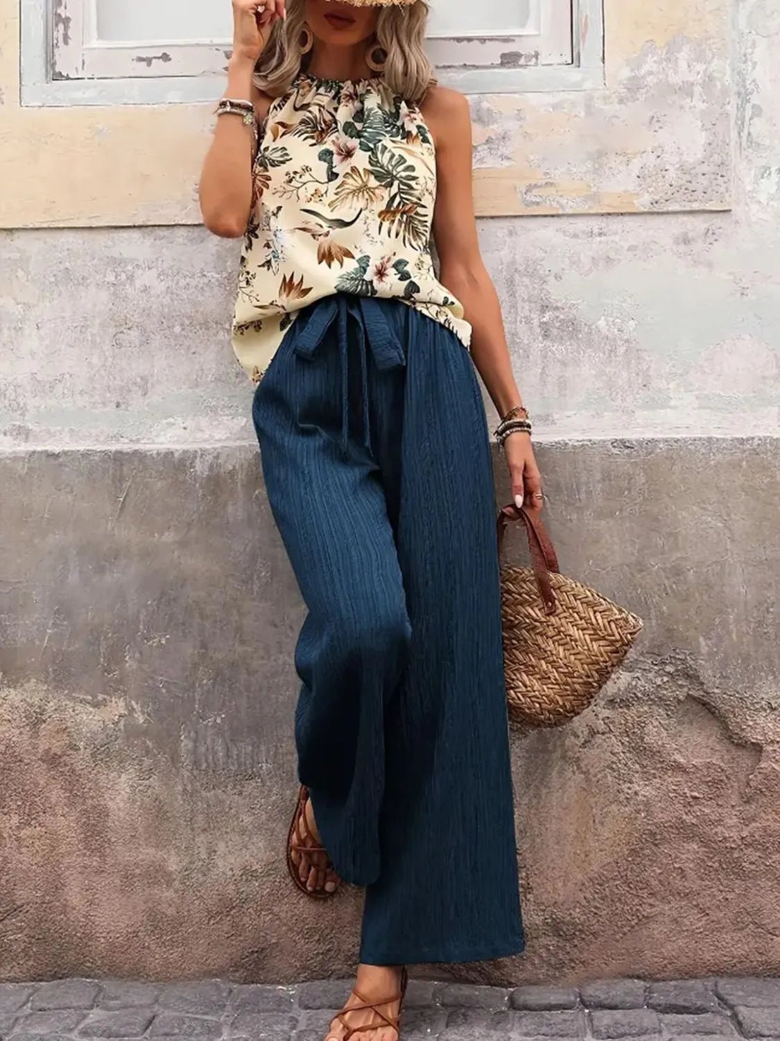 Printed Tank Top and Wide Leg Pants Set - Flip Flop Dynasty