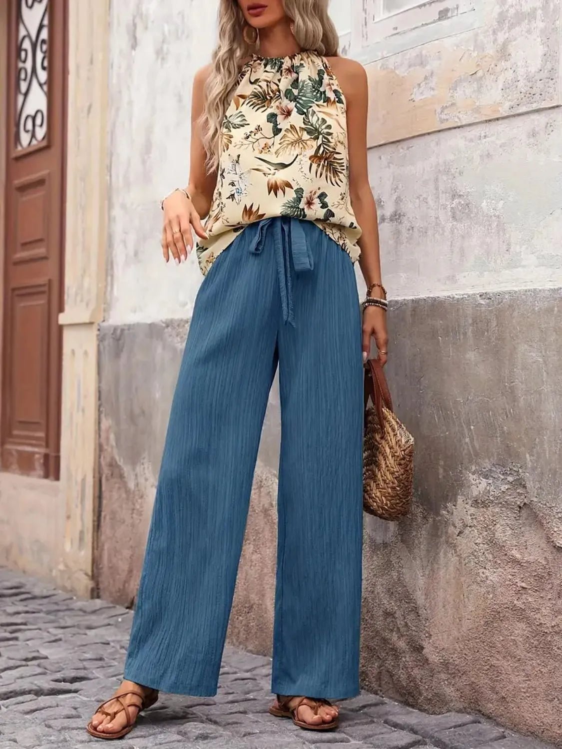 Printed Tank Top and Wide Leg Pants Set - Flip Flop Dynasty