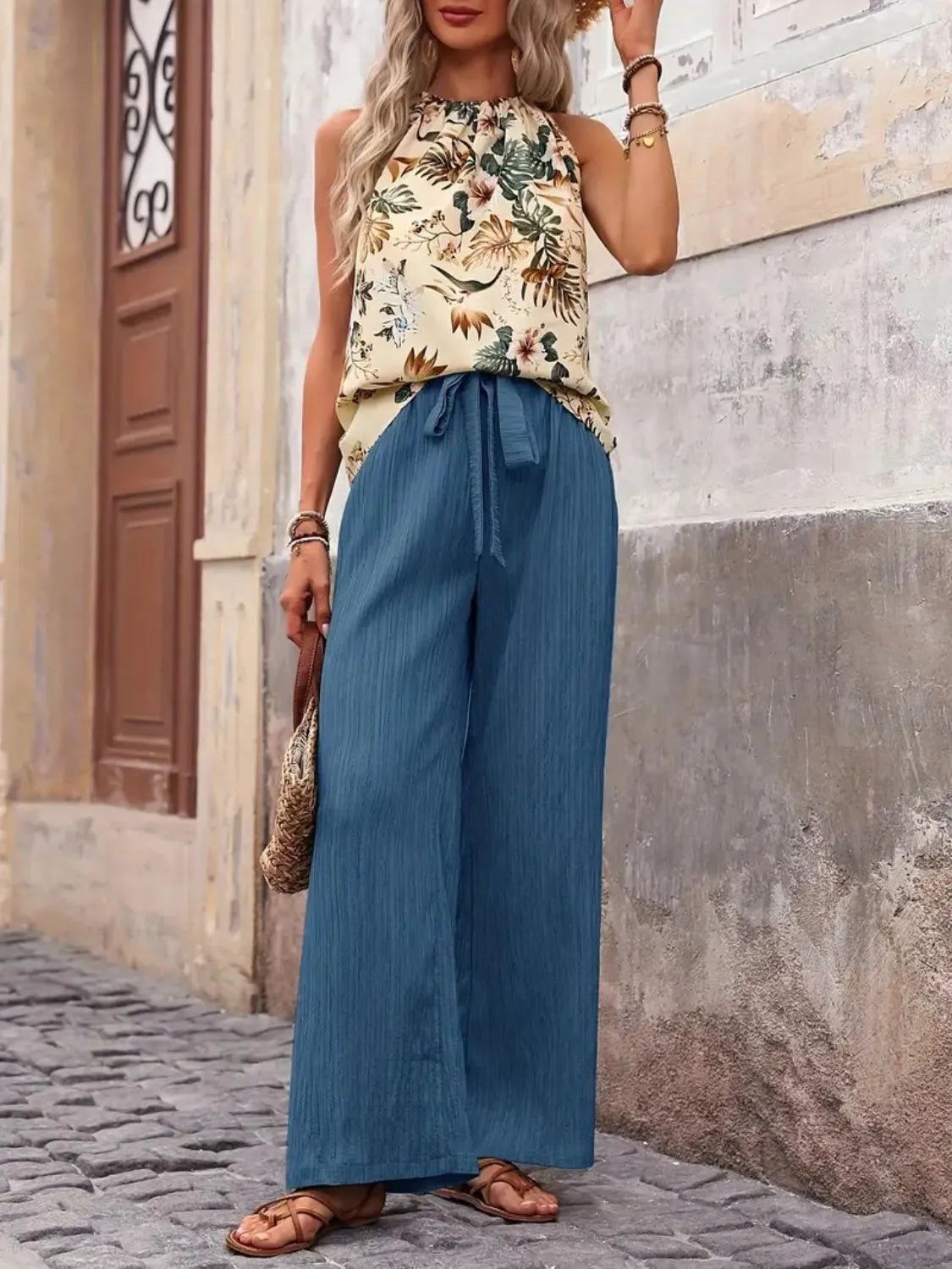 Printed Tank Top and Wide Leg Pants Set - Flip Flop Dynasty
