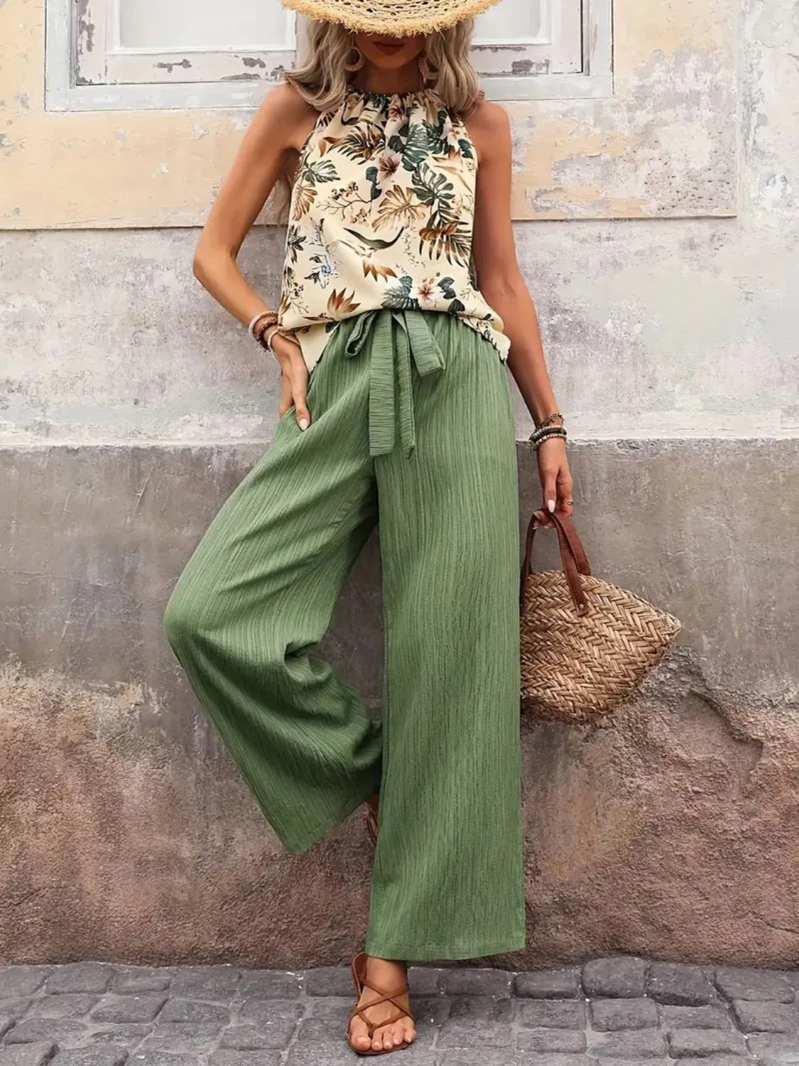 Printed Tank Top and Wide Leg Pants Set - Flip Flop Dynasty