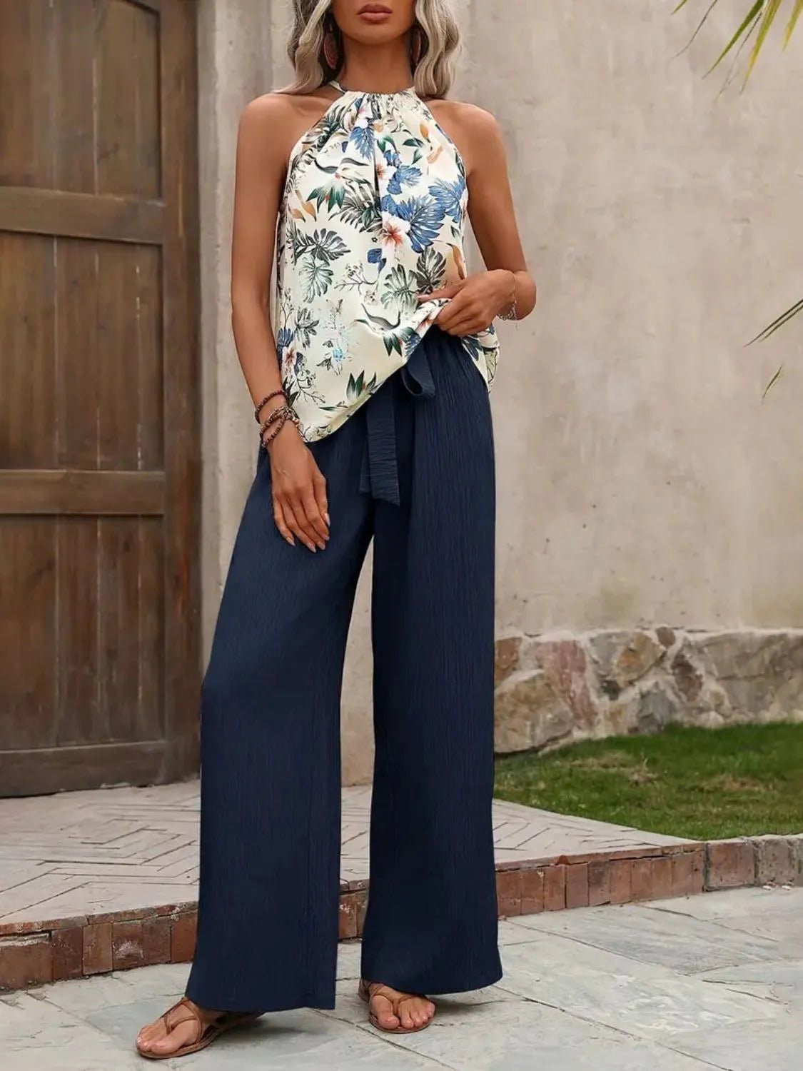 Printed Tank Top and Wide Leg Pants Set - Flip Flop Dynasty