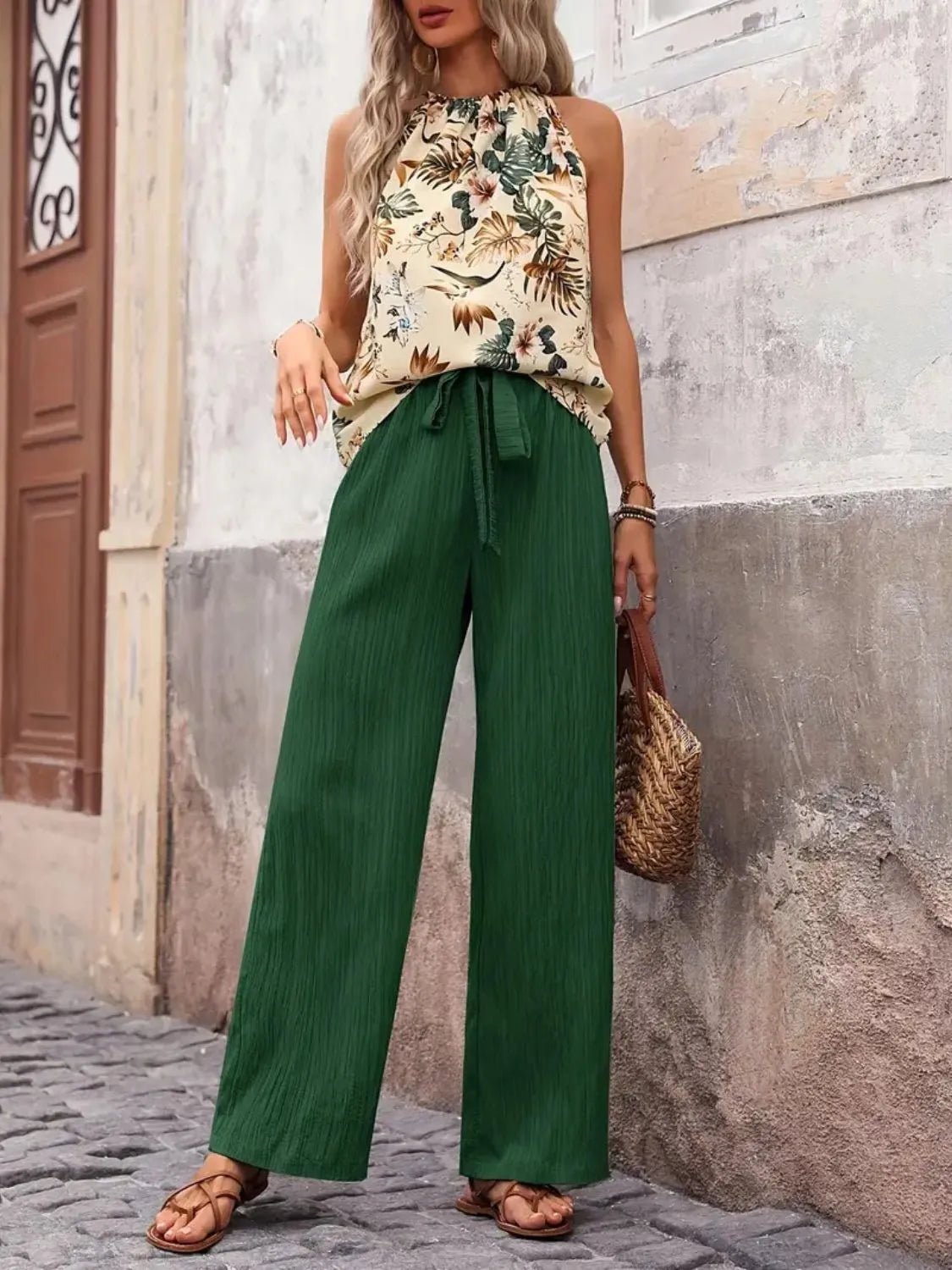 Printed Tank Top and Wide Leg Pants Set - Flip Flop Dynasty
