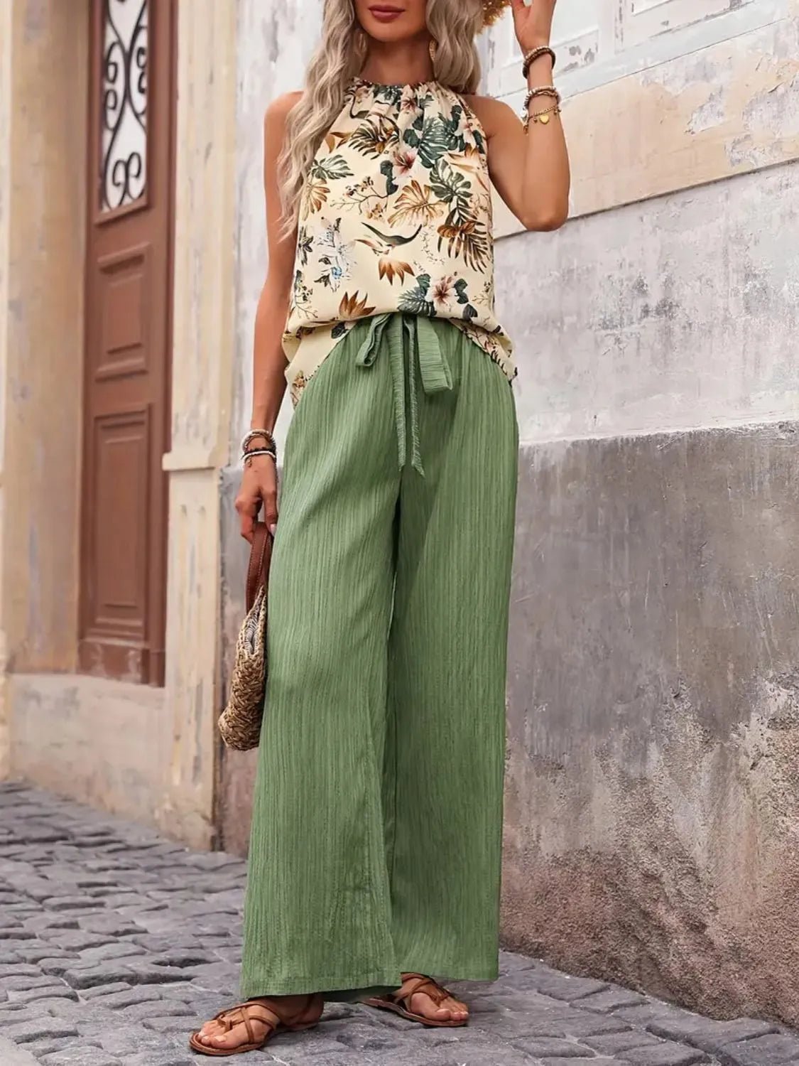 Printed Tank Top and Wide Leg Pants Set - Flip Flop Dynasty