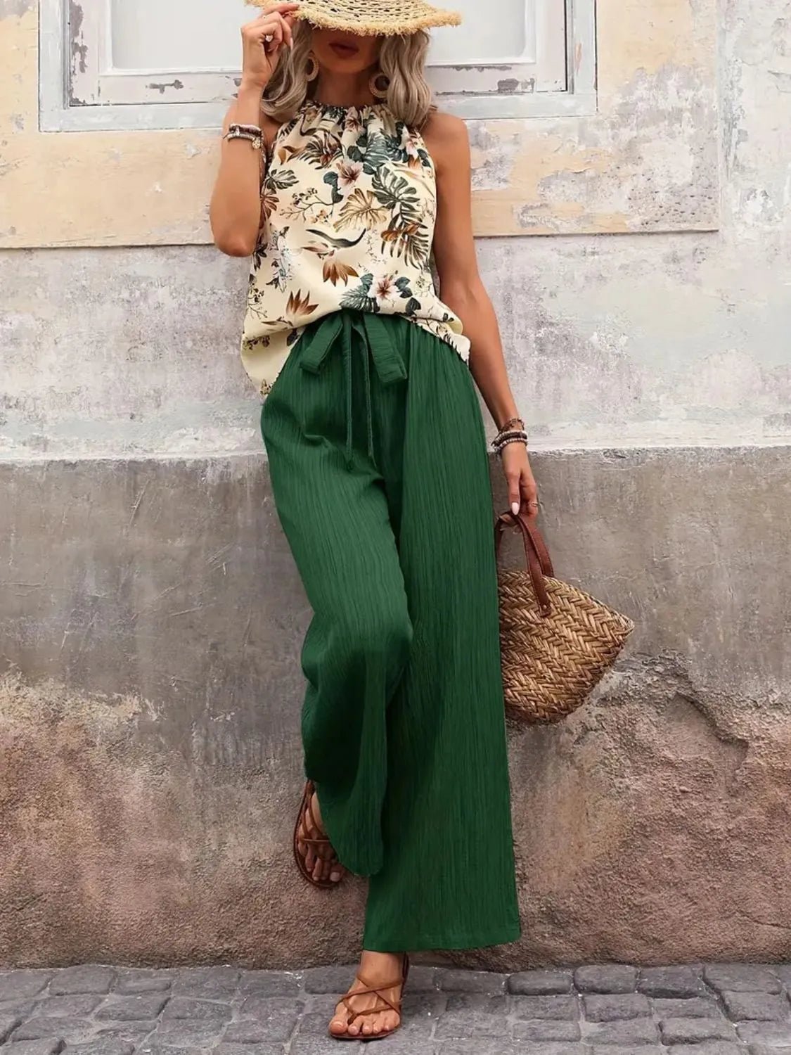 Printed Tank Top and Wide Leg Pants Set - Flip Flop Dynasty