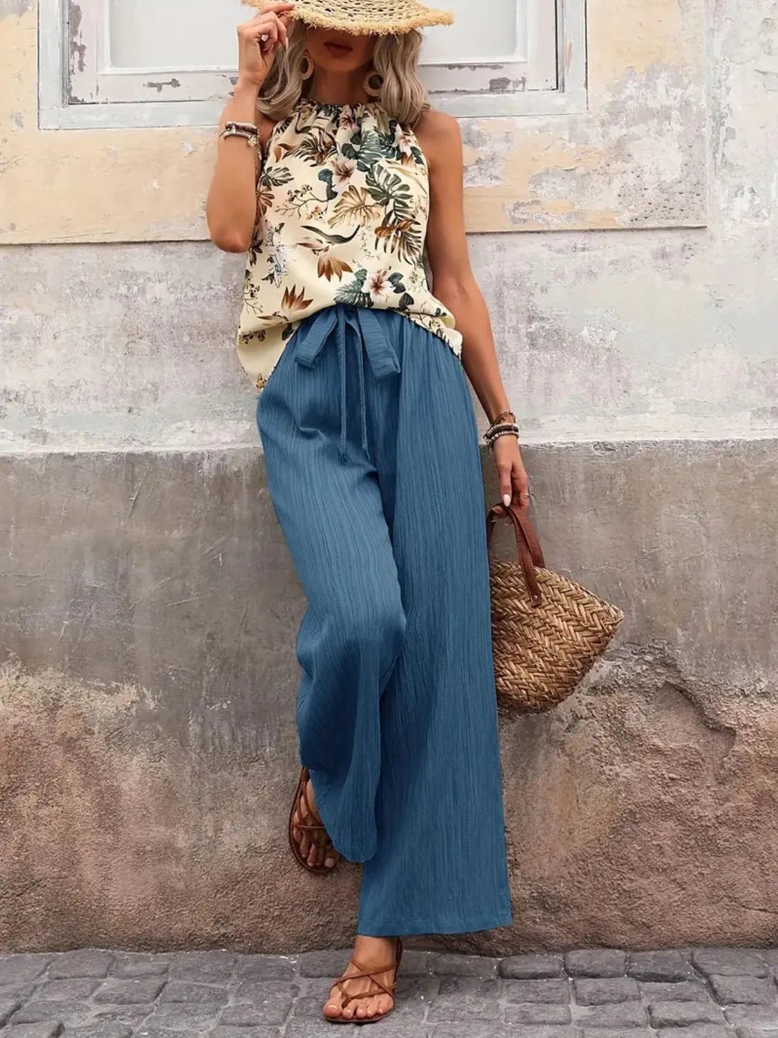 Printed Tank Top and Wide Leg Pants Set - Flip Flop Dynasty