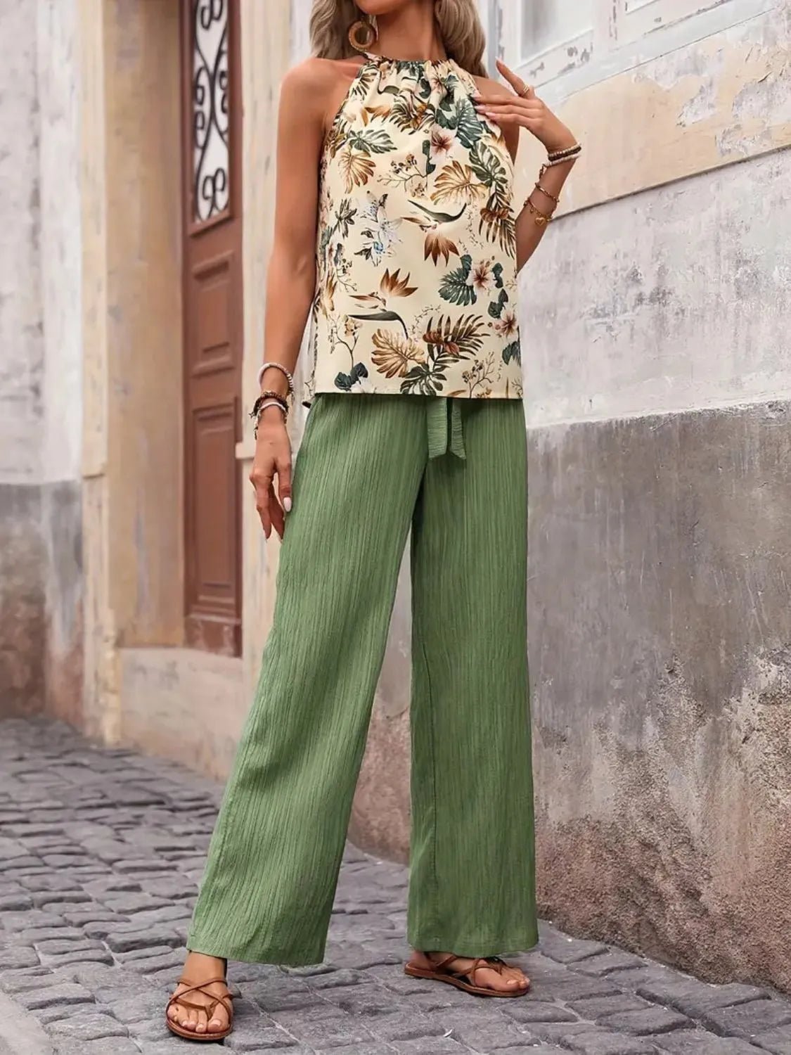 Printed Tank Top and Wide Leg Pants Set - Flip Flop Dynasty