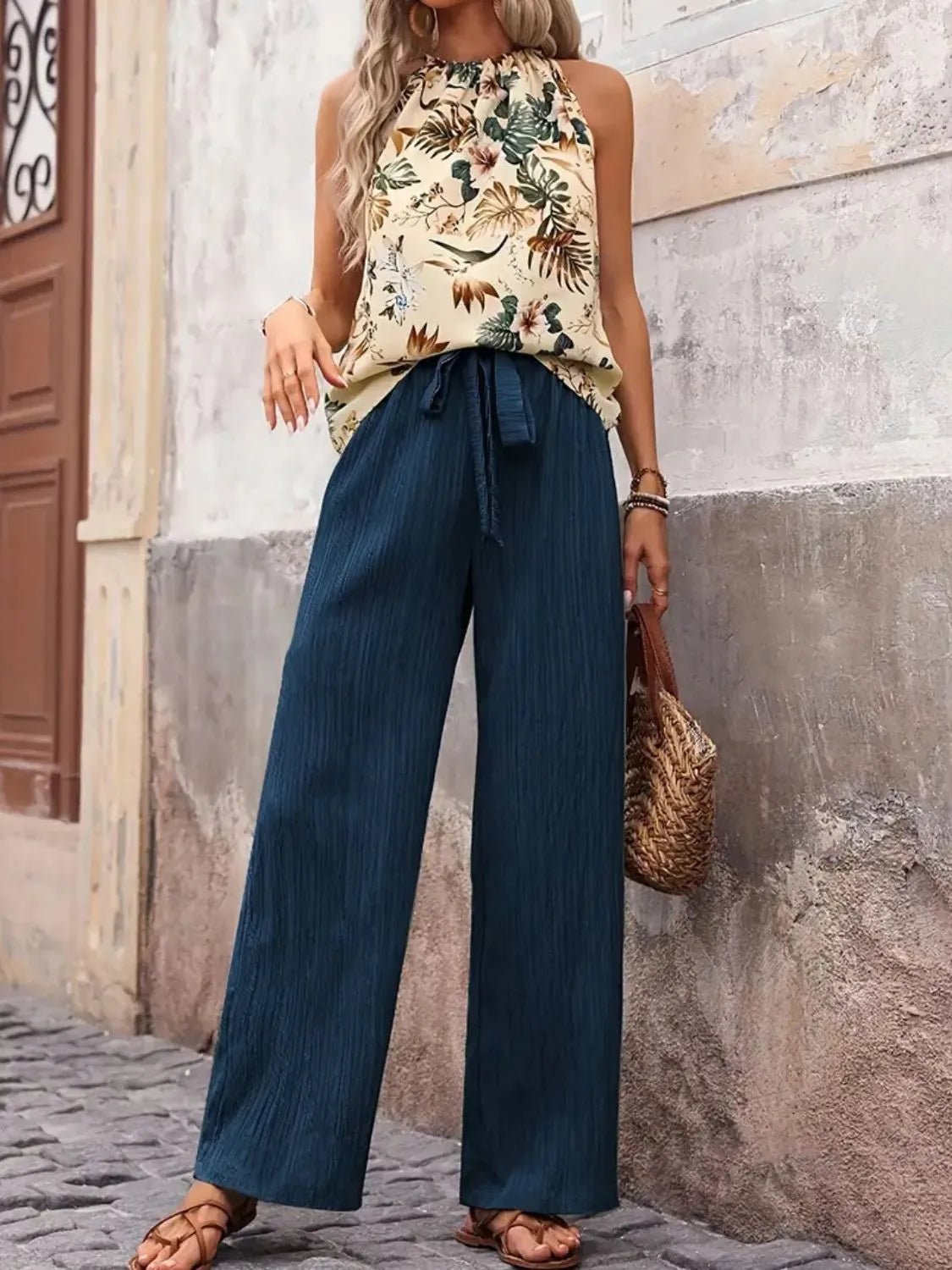 Printed Tank Top and Wide Leg Pants Set - Flip Flop Dynasty