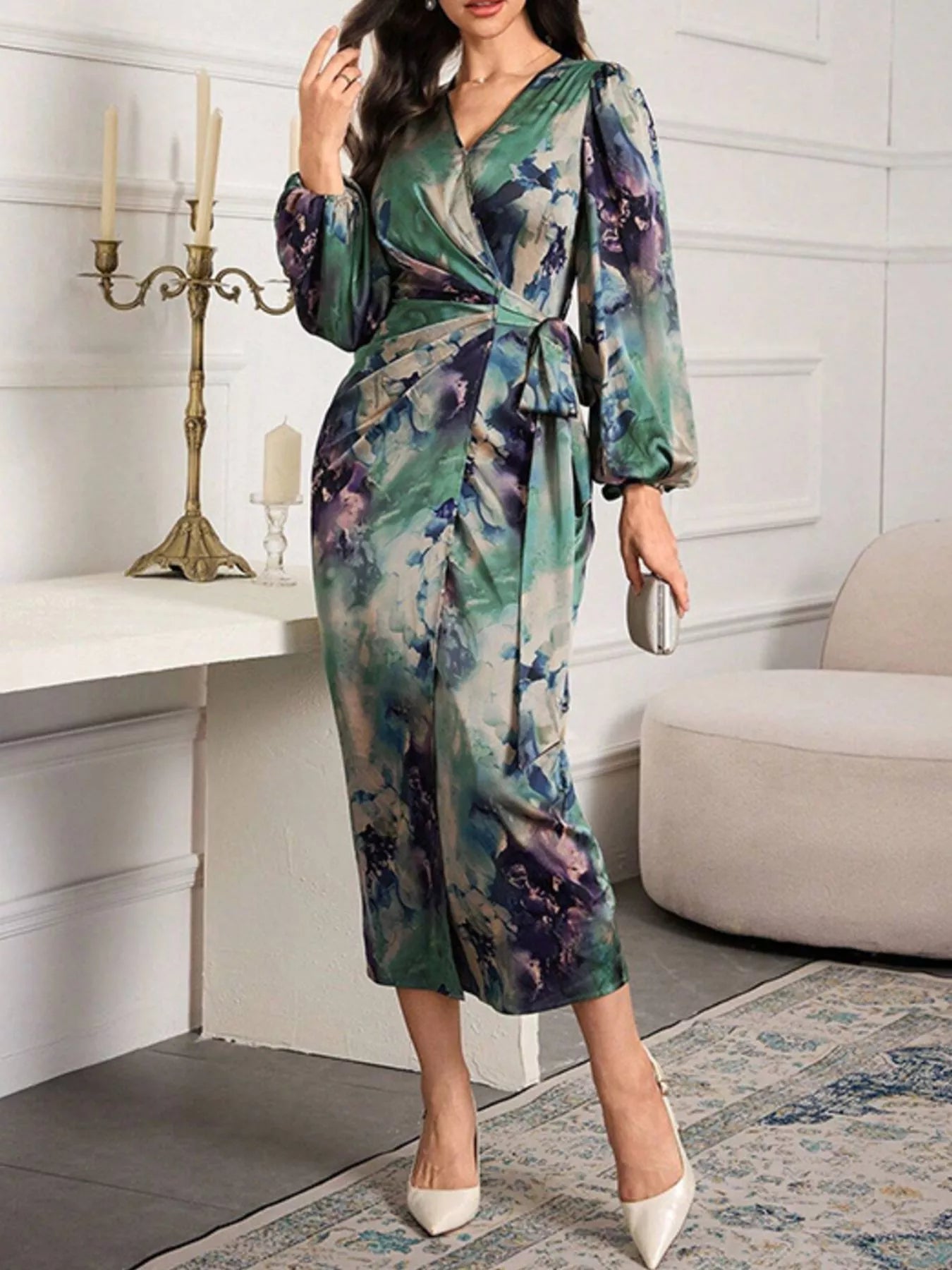Printed Tie Waist Balloon Sleeve Dress - Flip Flop Dynasty