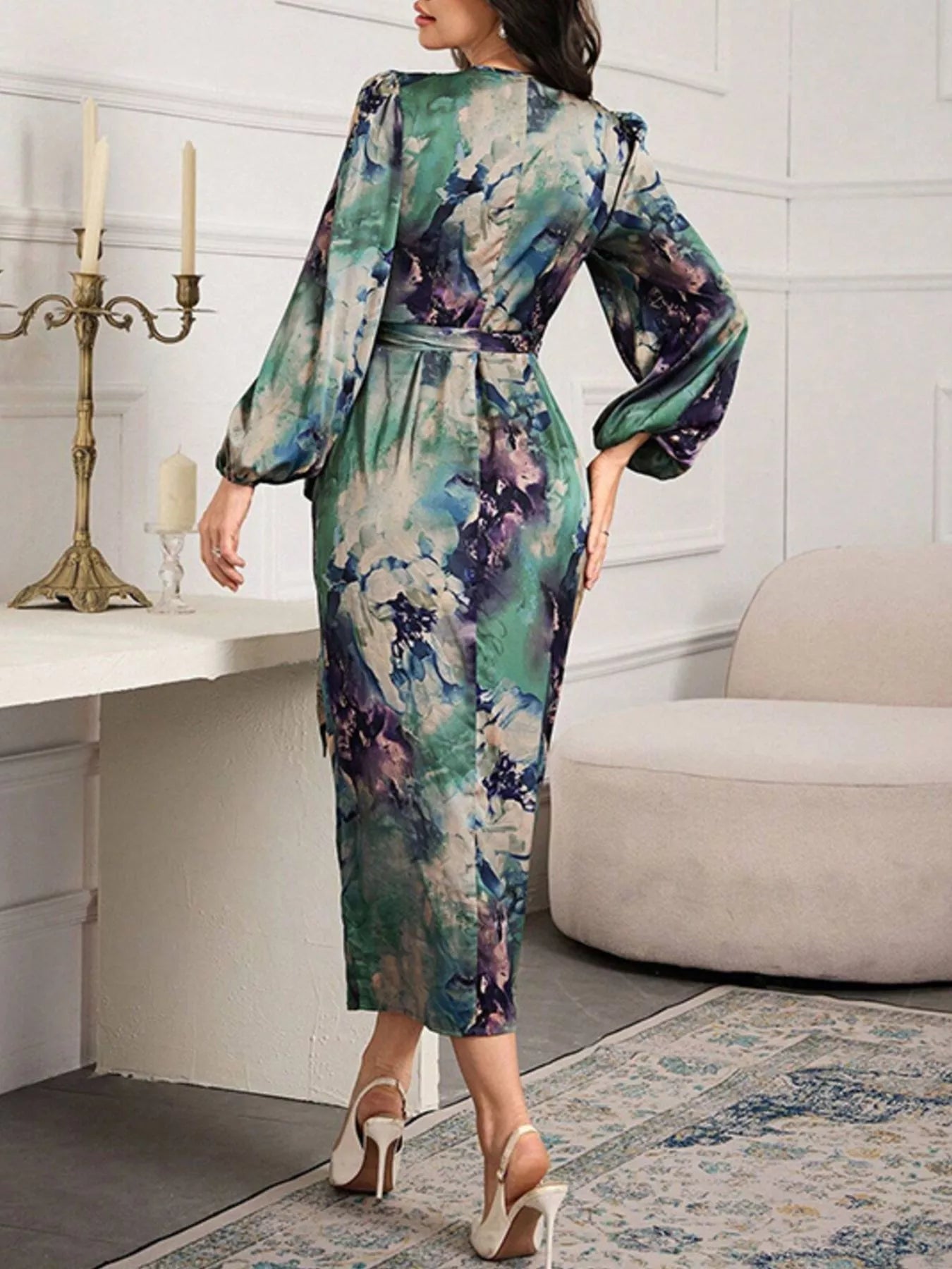 Printed Tie Waist Balloon Sleeve Dress - Flip Flop Dynasty