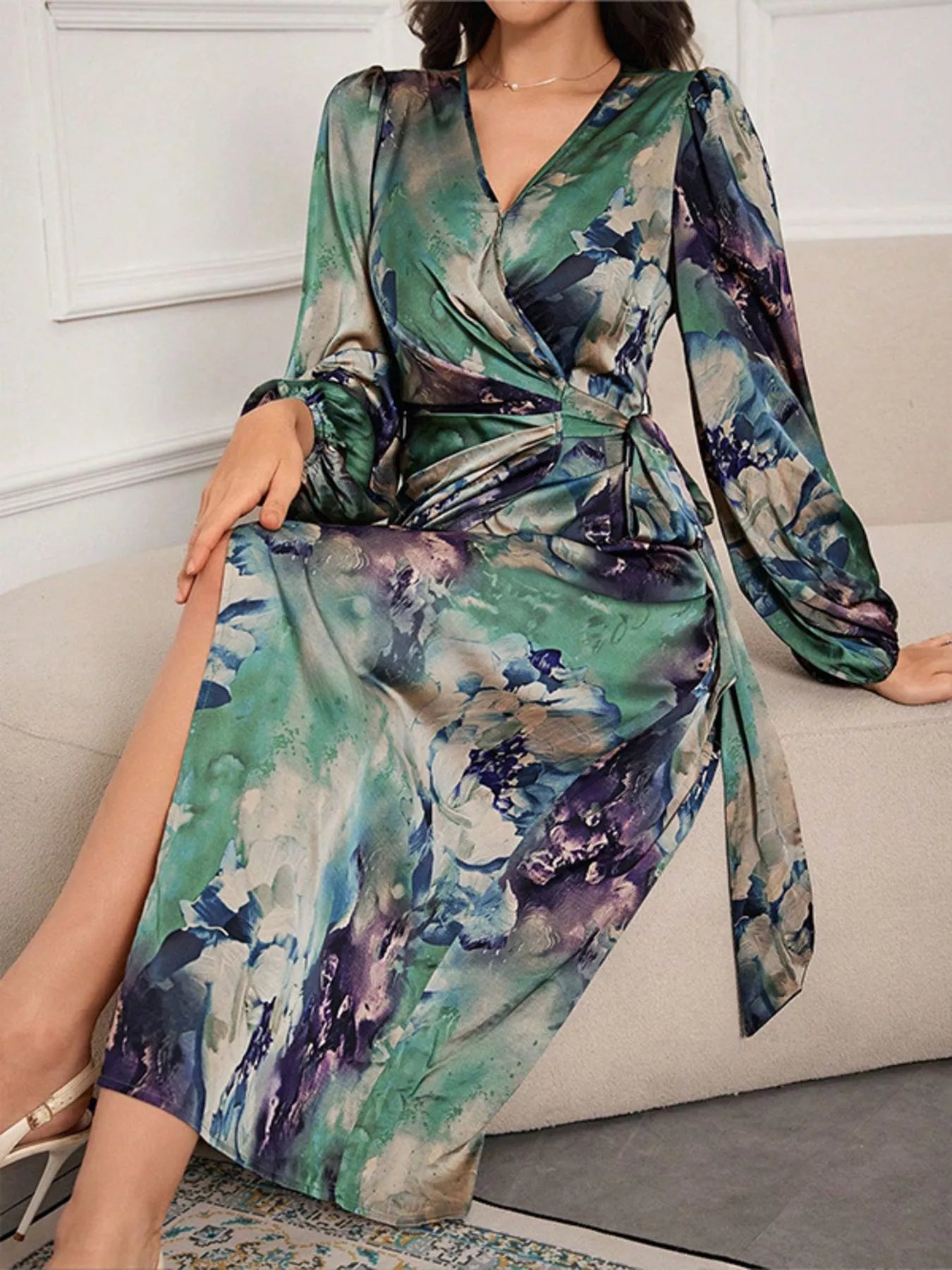 Printed Tie Waist Balloon Sleeve Dress - Flip Flop Dynasty