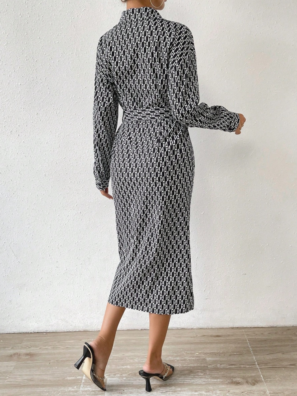 Printed Tie Waist Long Sleeve Midi Shirt Dress - Flip Flop Dynasty