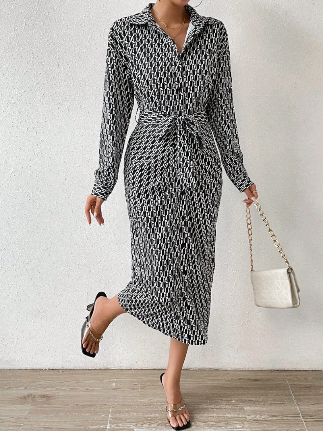 Printed Tie Waist Long Sleeve Midi Shirt Dress - Flip Flop Dynasty