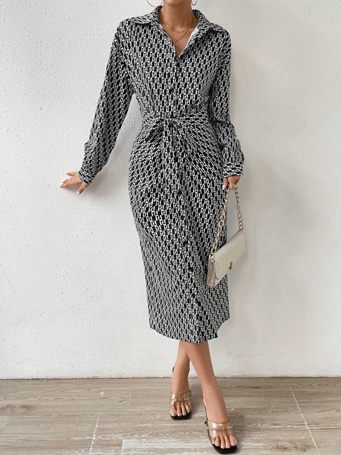 Printed Tie Waist Long Sleeve Midi Shirt Dress - Flip Flop Dynasty