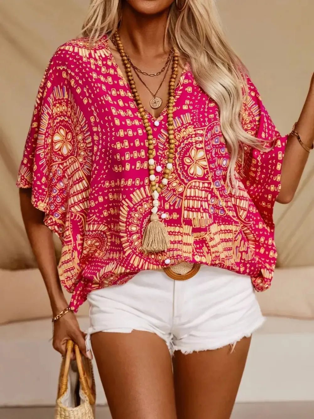 Printed V - Neck Half Sleeve Top - Flip Flop Dynasty
