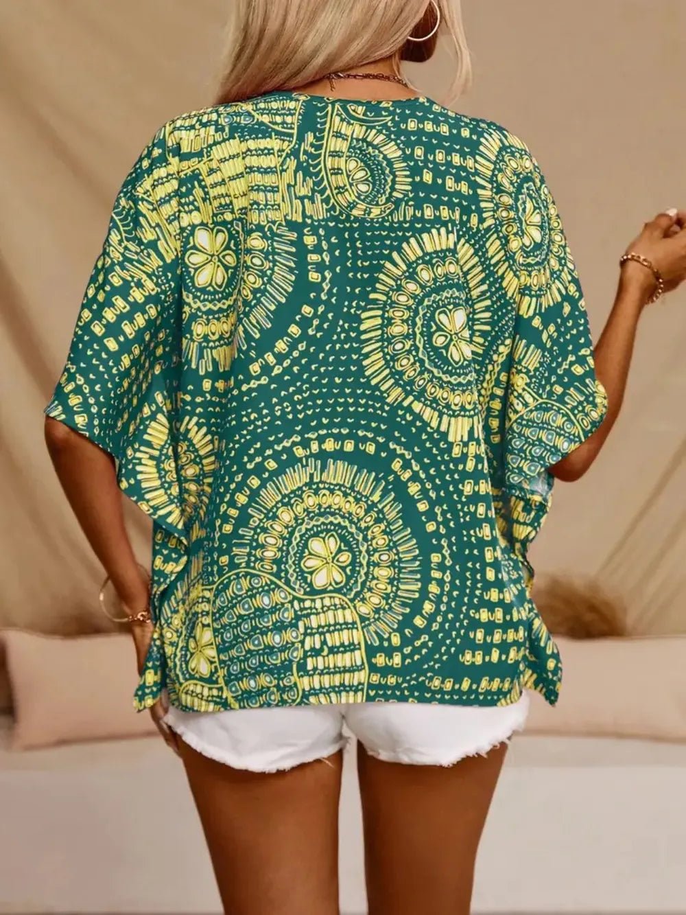 Printed V - Neck Half Sleeve Top - Flip Flop Dynasty