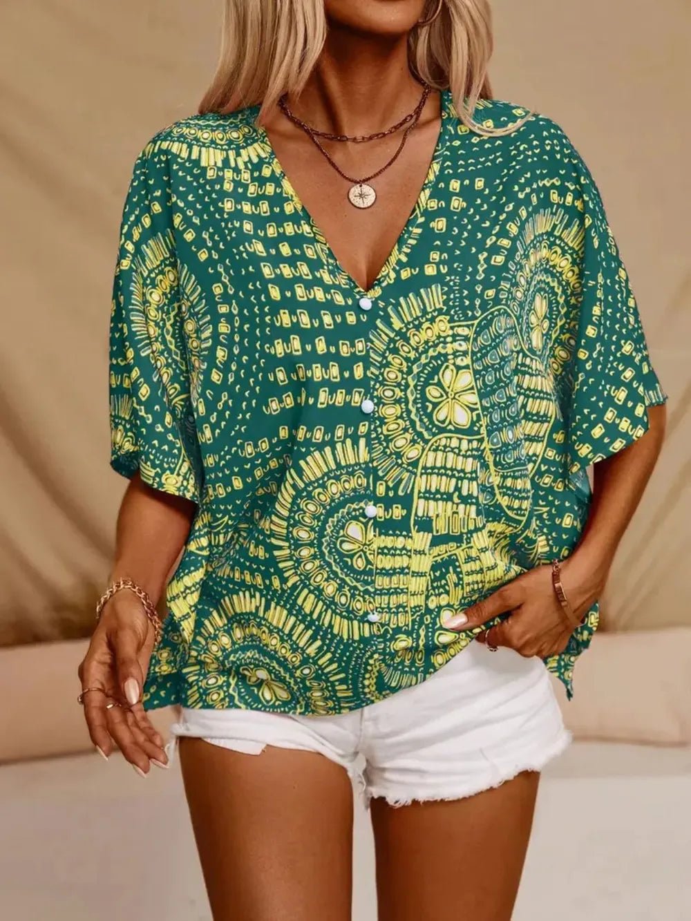 Printed V - Neck Half Sleeve Top - Flip Flop Dynasty