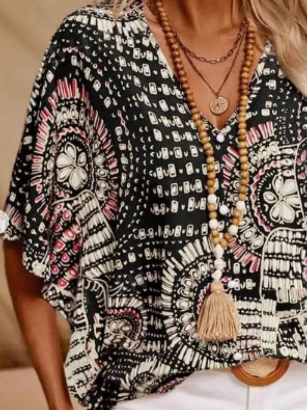 Printed V - Neck Half Sleeve Top - Flip Flop Dynasty