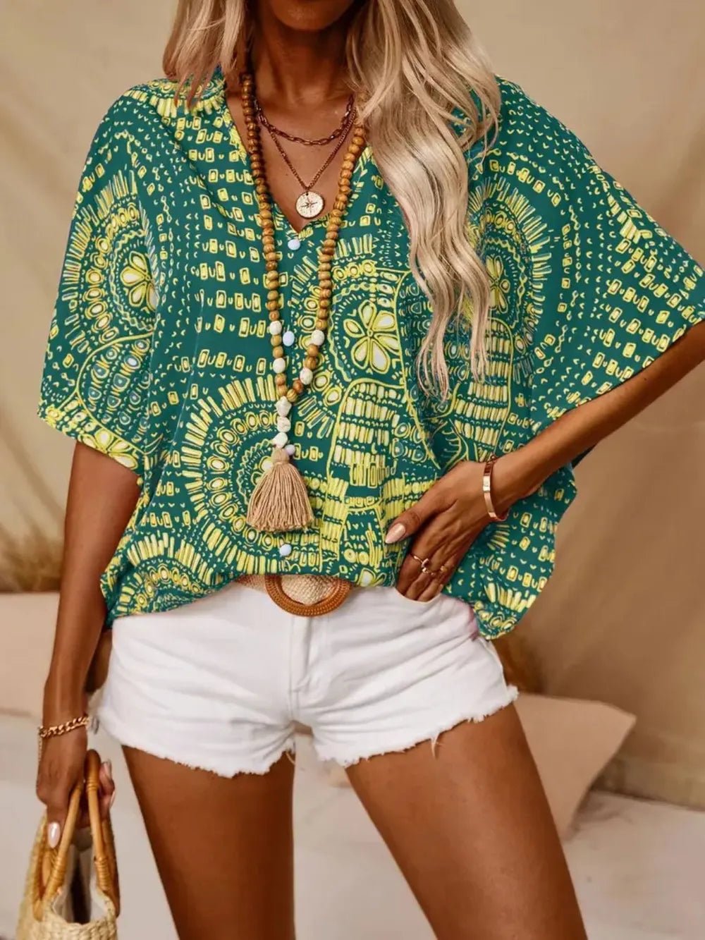 Printed V - Neck Half Sleeve Top - Flip Flop Dynasty