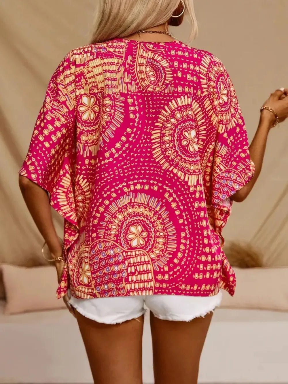 Printed V - Neck Half Sleeve Top - Flip Flop Dynasty