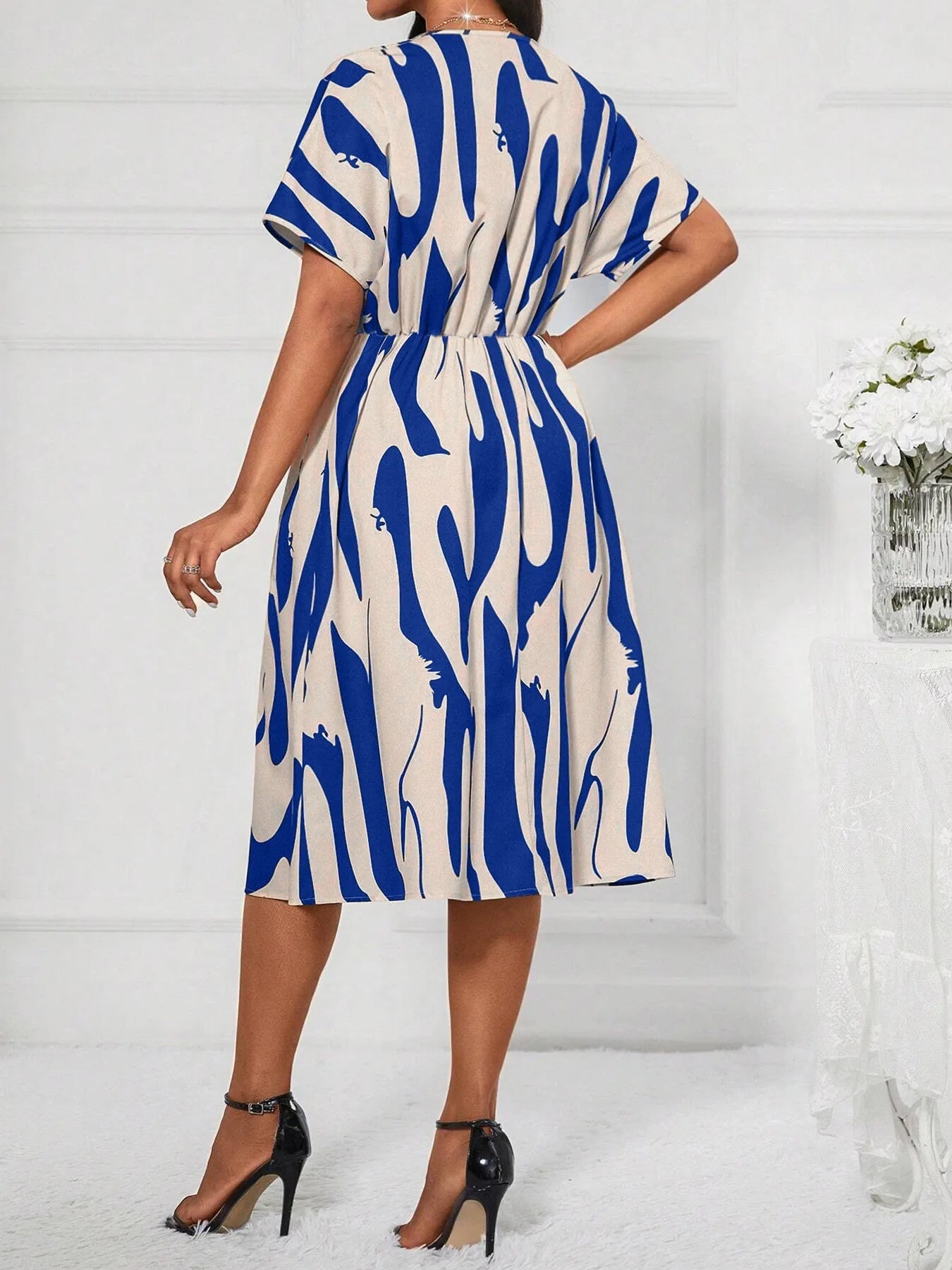 Printed V - Neck Short Sleeve Dress - Flip Flop Dynasty