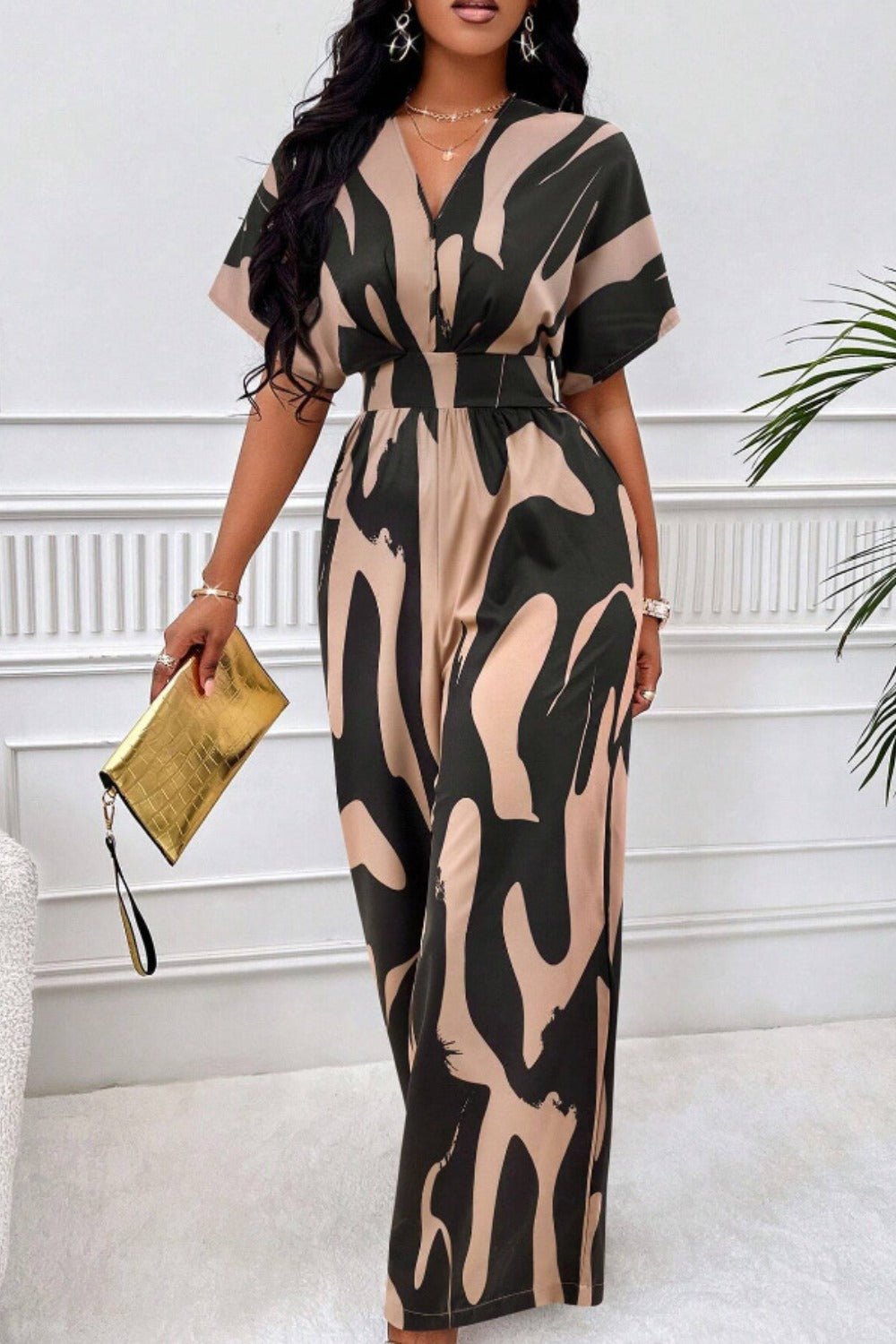 Printed V - Neck Short Sleeve Wide Leg Jumpsuit - Flip Flop Dynasty