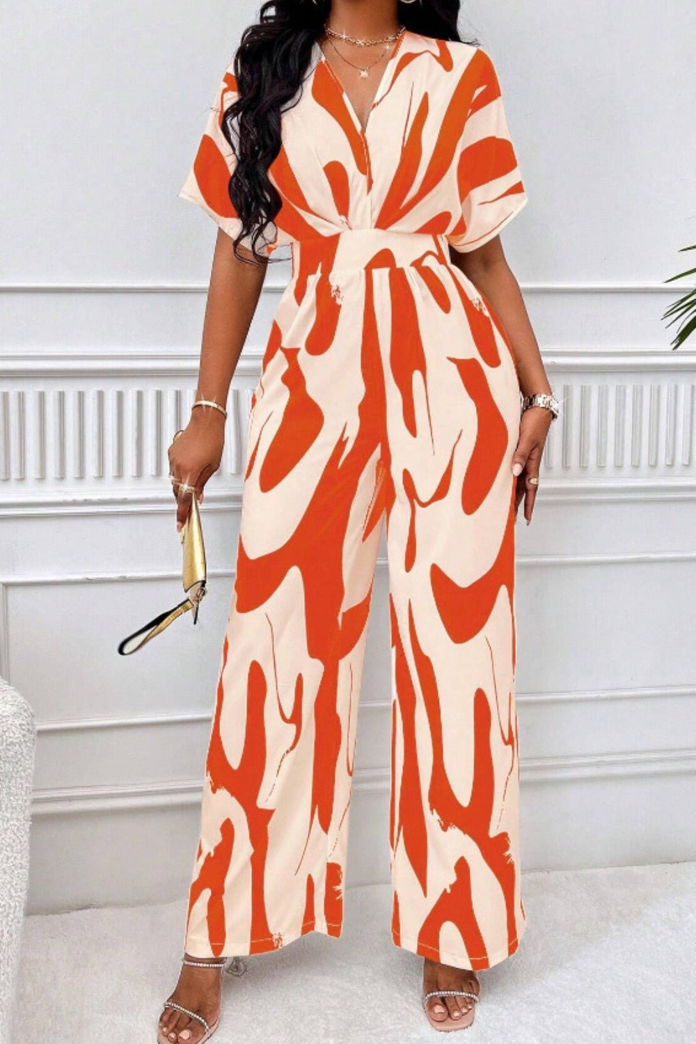 Printed V - Neck Short Sleeve Wide Leg Jumpsuit - Flip Flop Dynasty