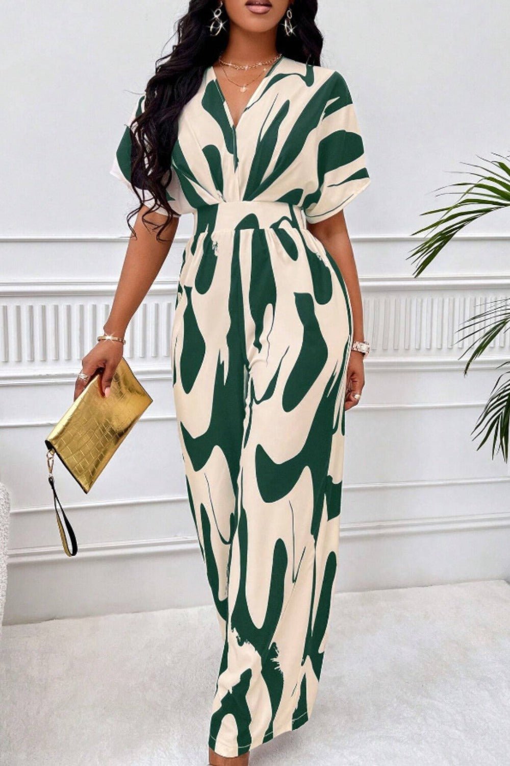 Printed V - Neck Short Sleeve Wide Leg Jumpsuit - Flip Flop Dynasty