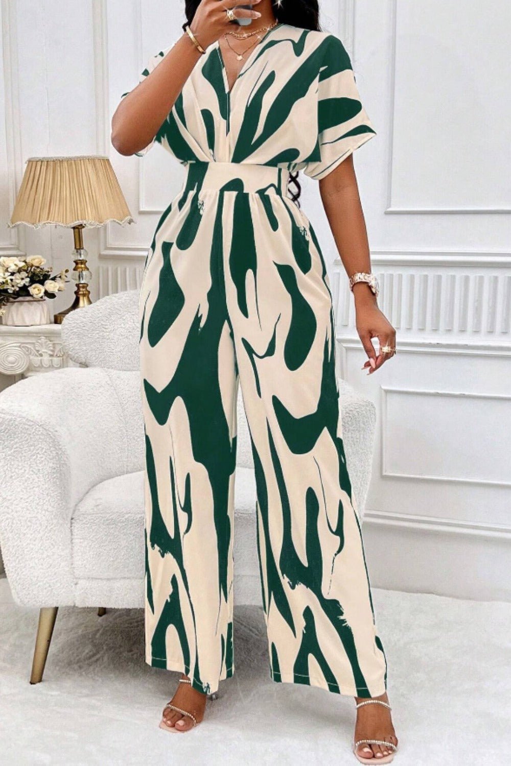Printed V - Neck Short Sleeve Wide Leg Jumpsuit - Flip Flop Dynasty