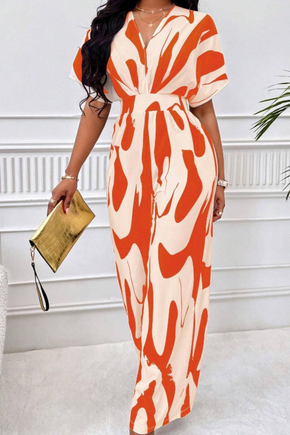 Printed V - Neck Short Sleeve Wide Leg Jumpsuit - Flip Flop Dynasty