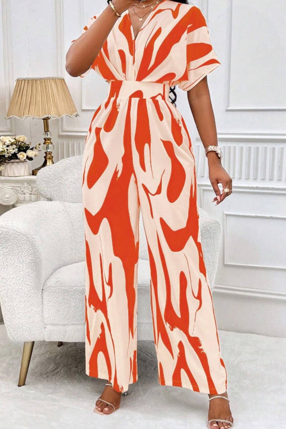 Printed V - Neck Short Sleeve Wide Leg Jumpsuit - Flip Flop Dynasty