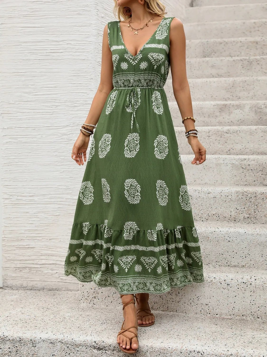 Printed V - Neck Sleeveless Dress - Flip Flop Dynasty